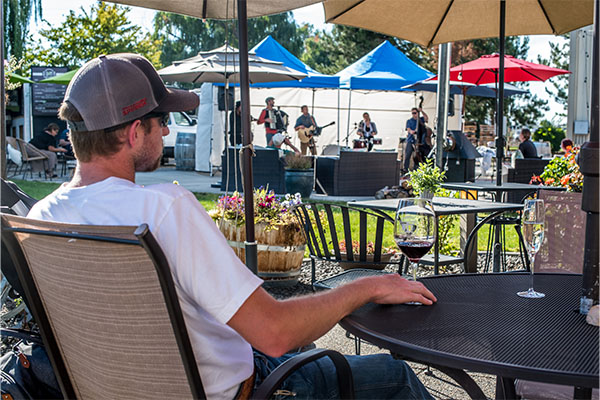 Outdoor concert with people seated at tables.