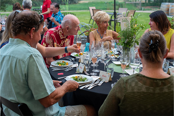 Guests enjoying dinner at outdoor event.