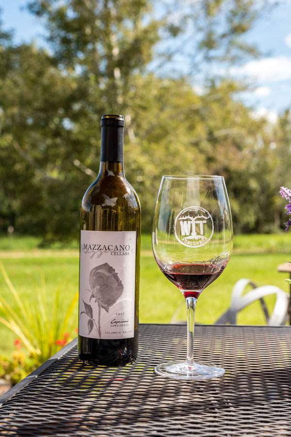 Wine bottle and glass on outdoor table