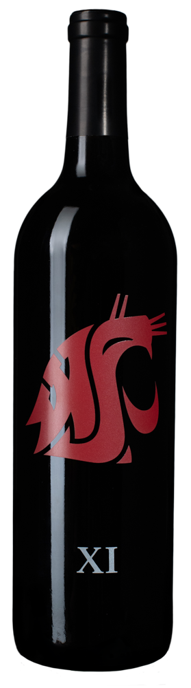 Wine bottle with red logo and XI label.