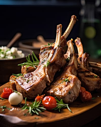 Grilled lamb chops with tomatoes and herbs on board.