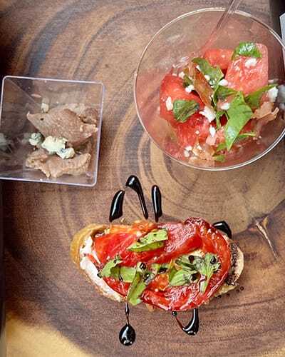 bruschetta, watermelon salad, and steak bowl