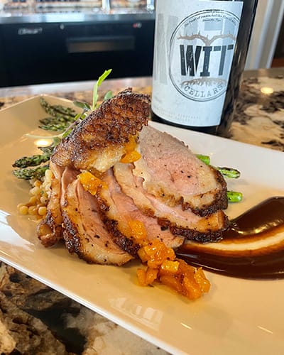 Gourmet duck breast with sauce and wine pairing