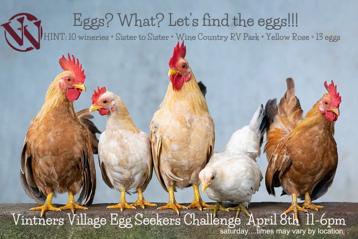 Chickens promoting Vintners Village Egg Seekers Challenge.