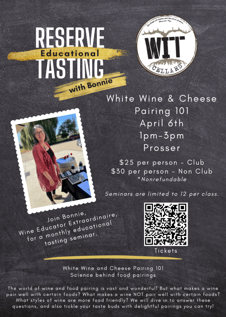 April-Reserve-Educational-Tasting-Flyer-Bonnie White wine and cheese tasting event with Bonnie.