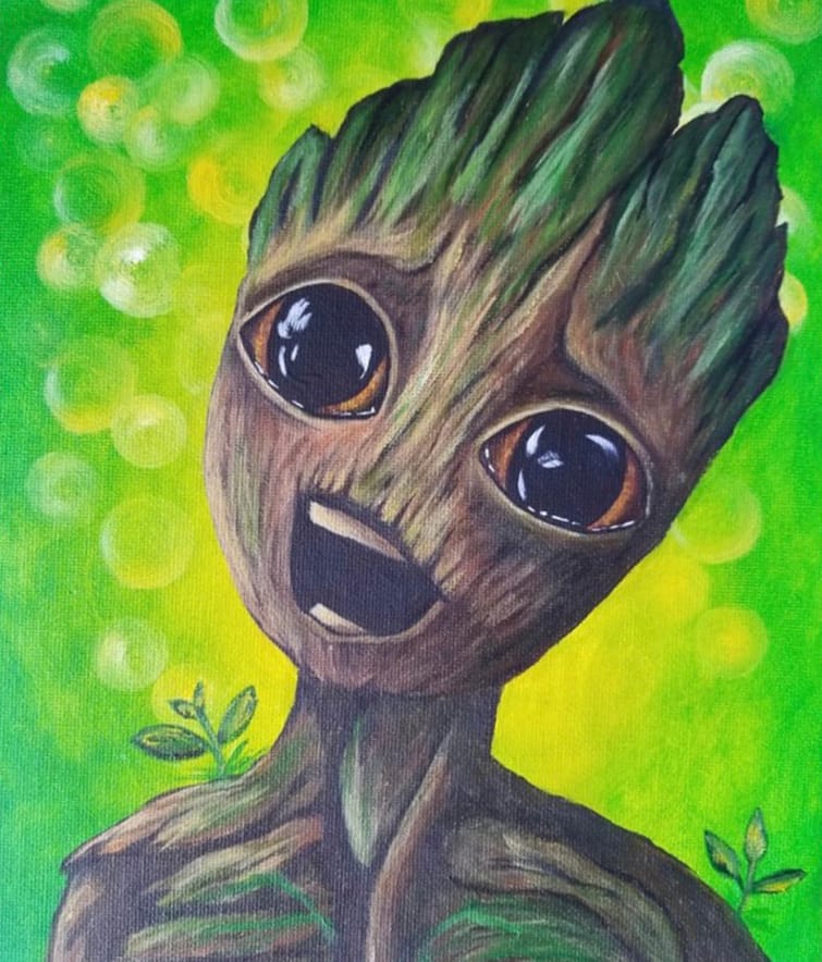 Painting of smiling tree character with green background.