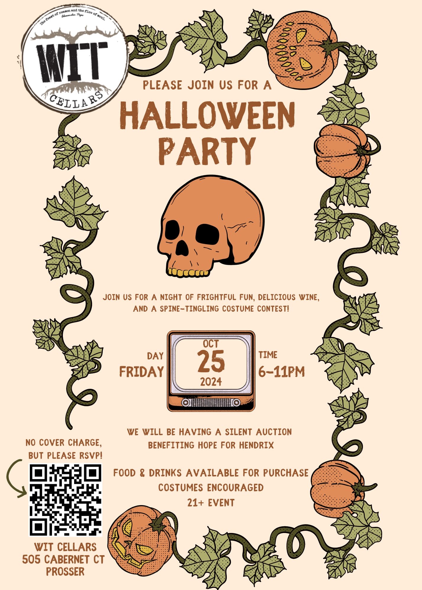 Halloween party invitation with pumpkins and skull.