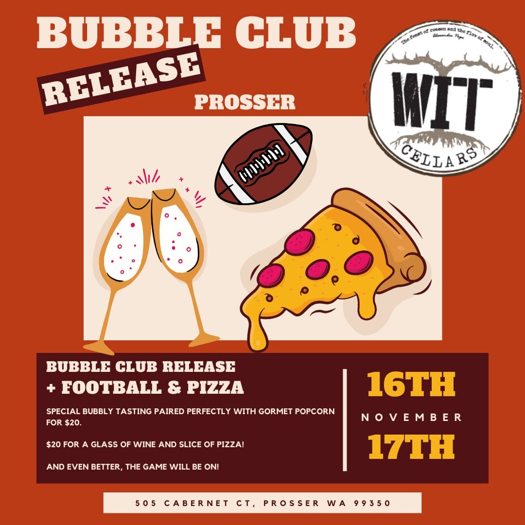 Bubble club release event with wine, pizza, football.
