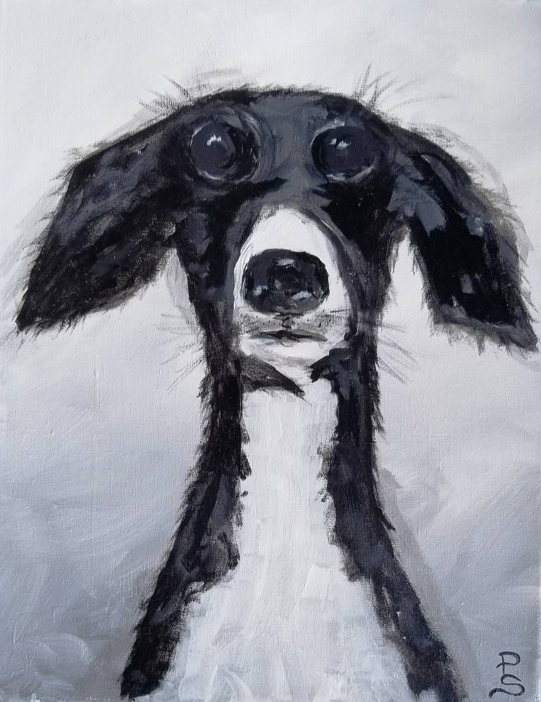 Paint-Your-Pet-Peggys-Pup-sm-1 Abstract painting of a black and white dog.
