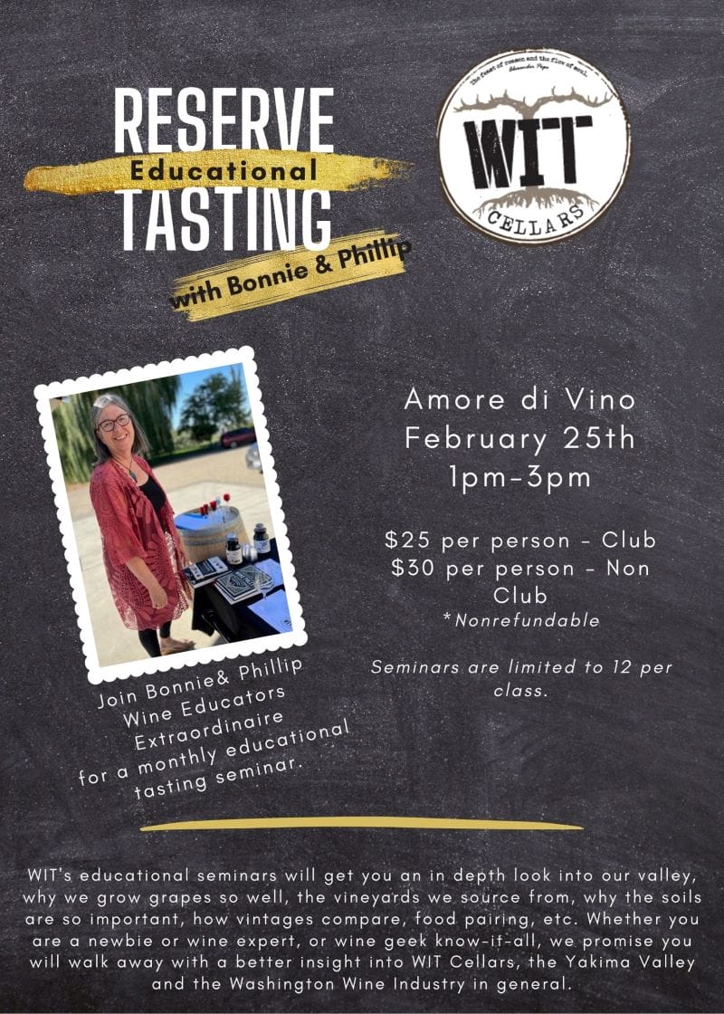 Reserve wine tasting event flyer details.
