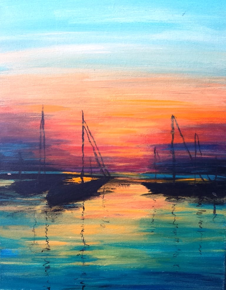 Sailboats-at-Sunset-sm Colorful sunset painting with sailboats reflection.