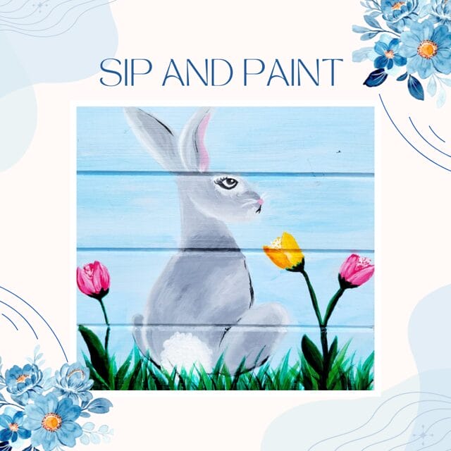 Painting of rabbit among colorful flowers