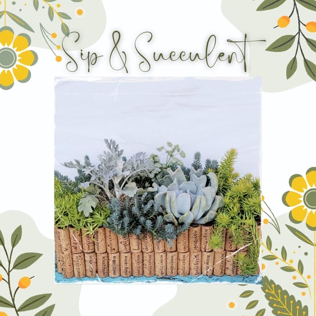 Succulents in cork planter with floral design