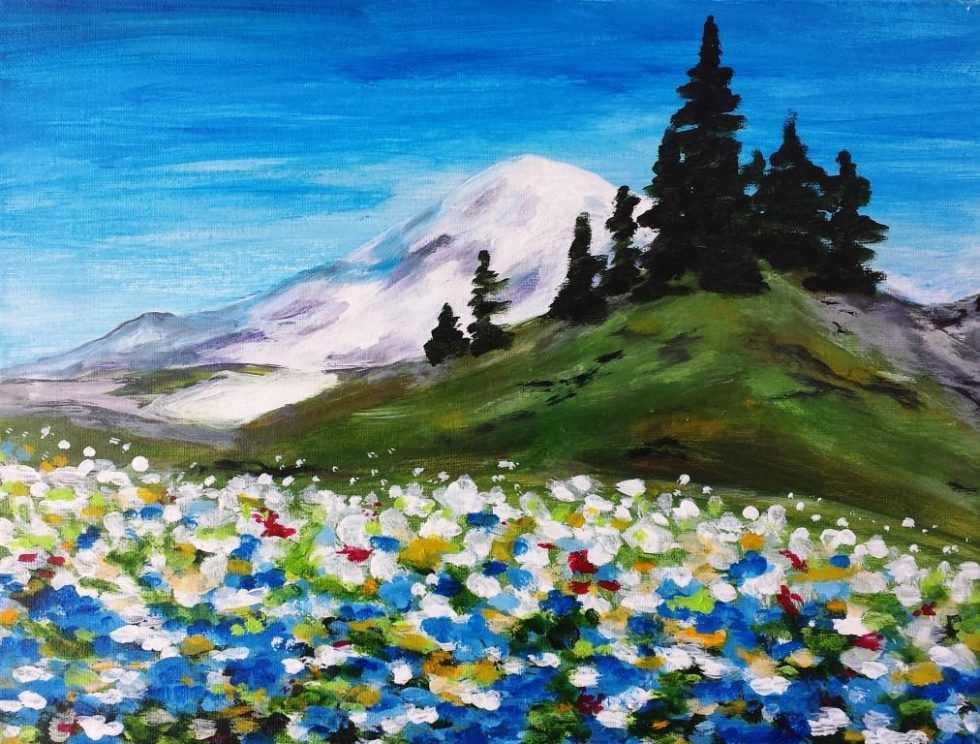 Sip-n-paint-mount-rainier Colorful meadow and mountain landscape painting