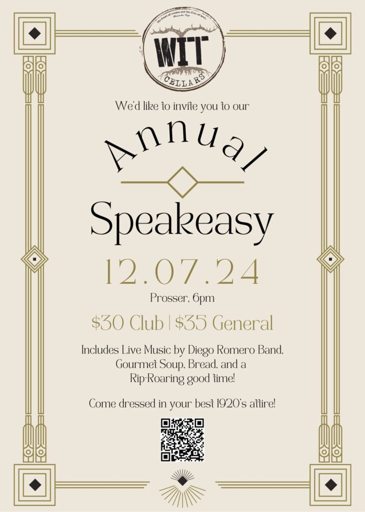 Vintage-themed speakeasy event poster, December 7, 2024.