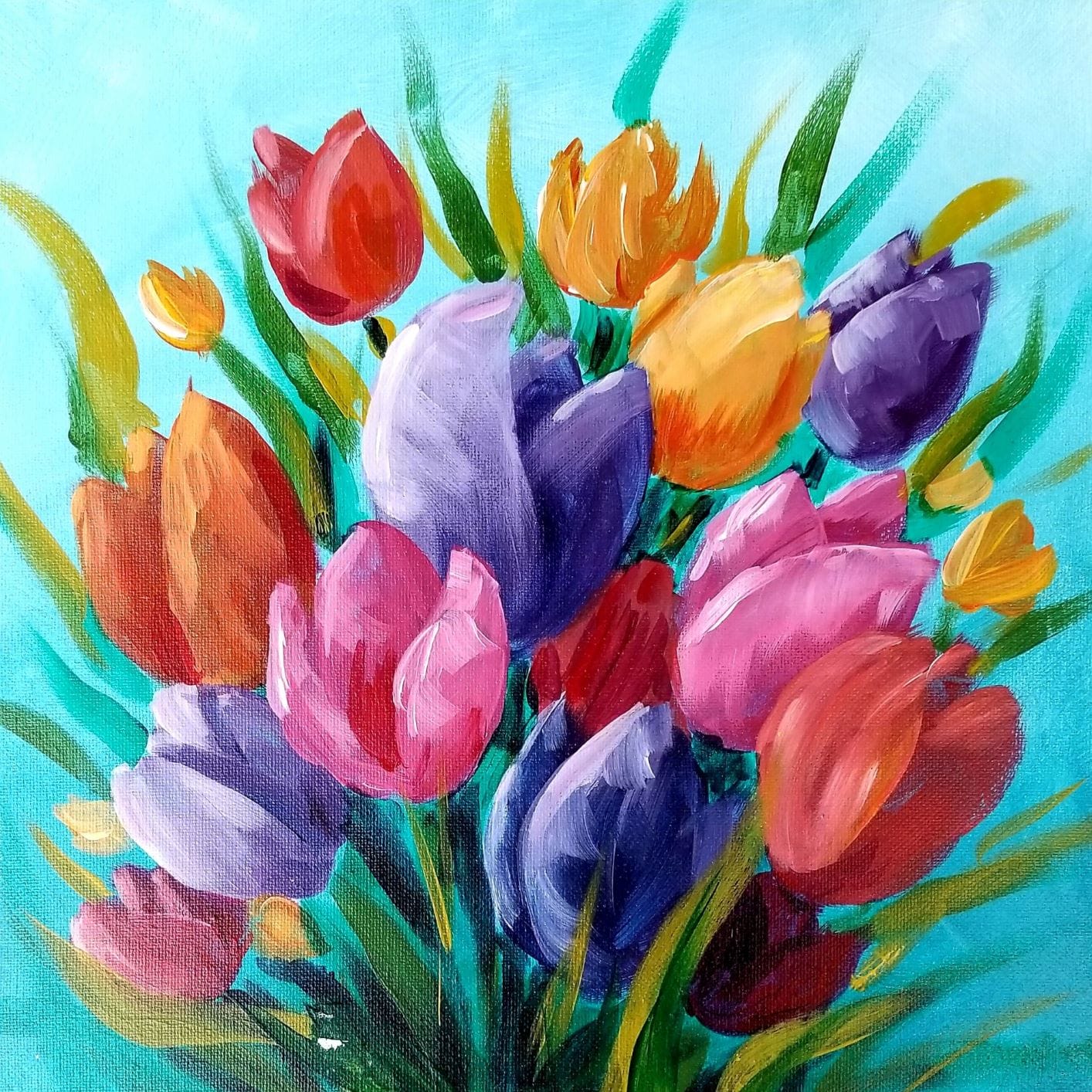 Colorful tulip bouquet painting on canvas.