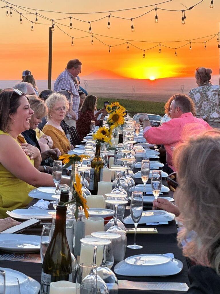 Outdoor sunset dinner party with sunflowers and guests.