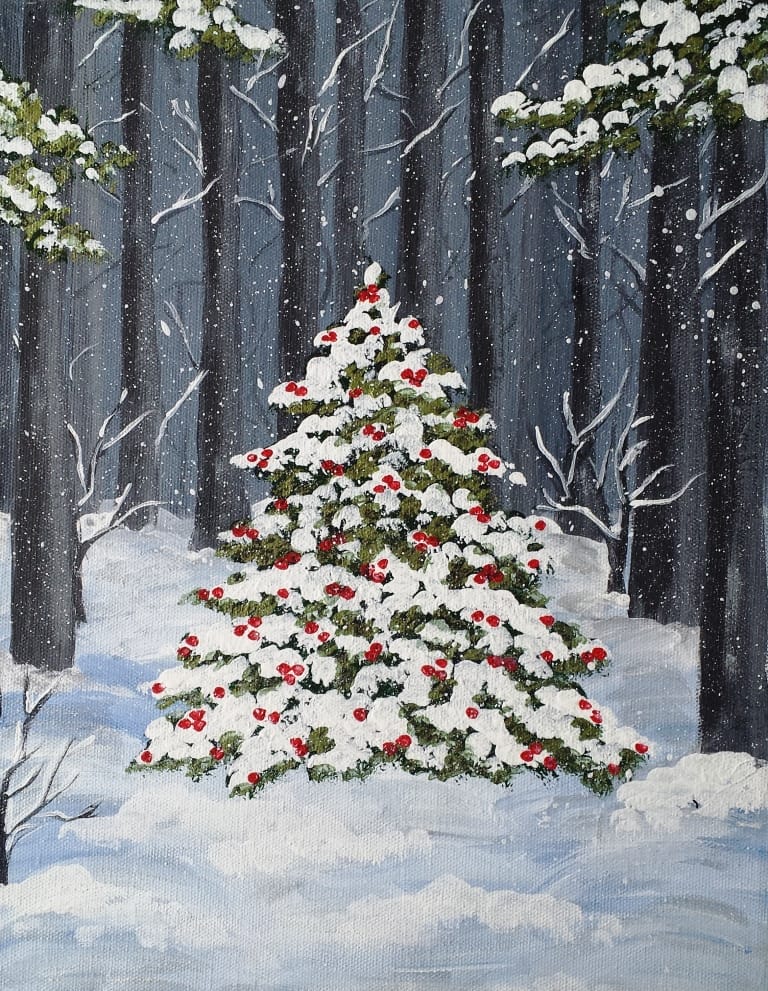 Snowy Christmas tree in a winter forest painting.