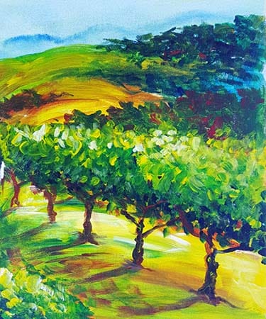 Colorful landscape painting of trees and hills.