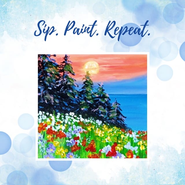 Wildflower-Sunset-Sip-and-Paint-Woodenville Colorful sunset painting with flowers and trees.