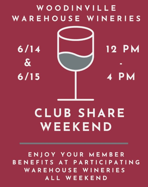 Woodinville Club Share Weekend event poster.