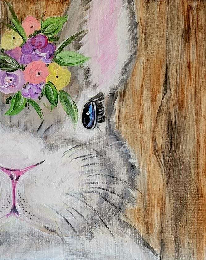 having-a-good-hare-day-woodenville Painting of rabbit with flower crown on wood background.