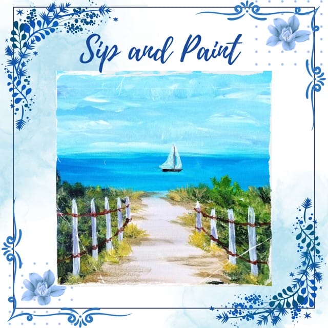 Path to beach with sailboat, framed in blue floral.