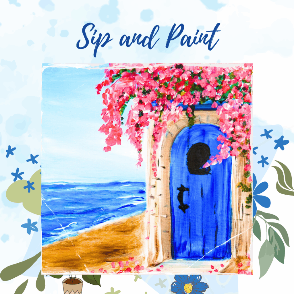 Painting of ocean, flowers, and blue door.