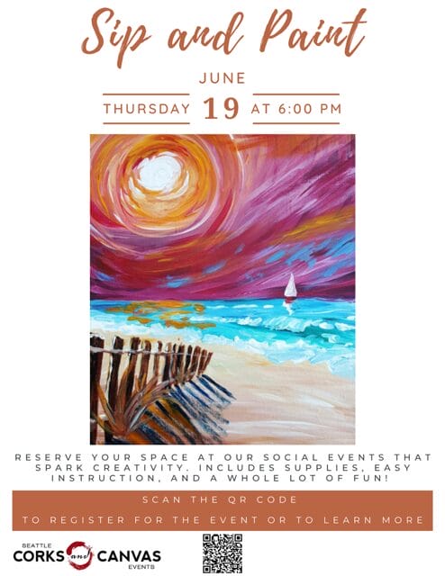 Sip and Paint event poster with sunset painting.