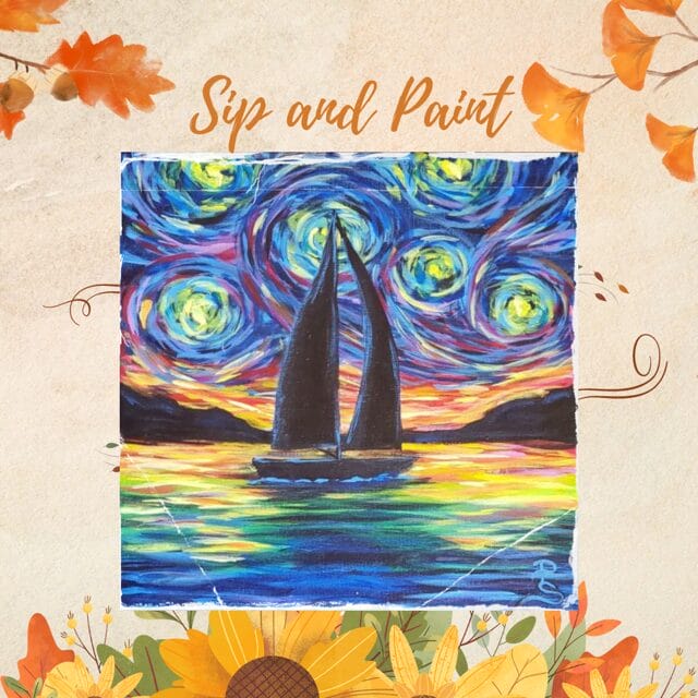 Colorful sailboat painting with swirling sky.