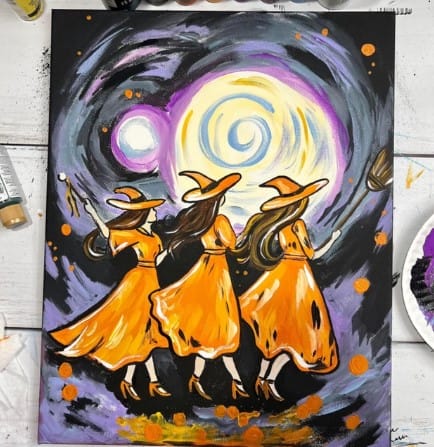 Three witches under moon with swirling colors
