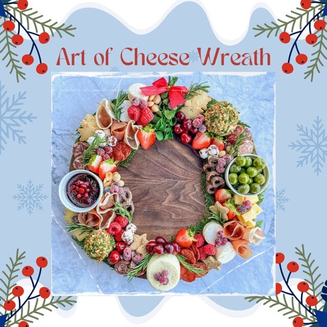 woodenville-Dec-2024 Festive cheese and fruit wreath platter display.