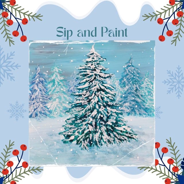 Winter pine tree painting with snowflakes