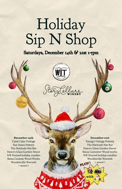 Holiday Sip N Shop event with vendors and dates.