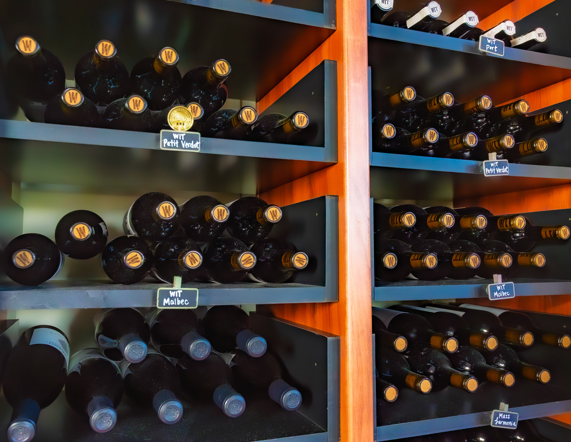 WIT Cellars_Wine Club Images-01116 Wine bottles on wooden shelves in cellar