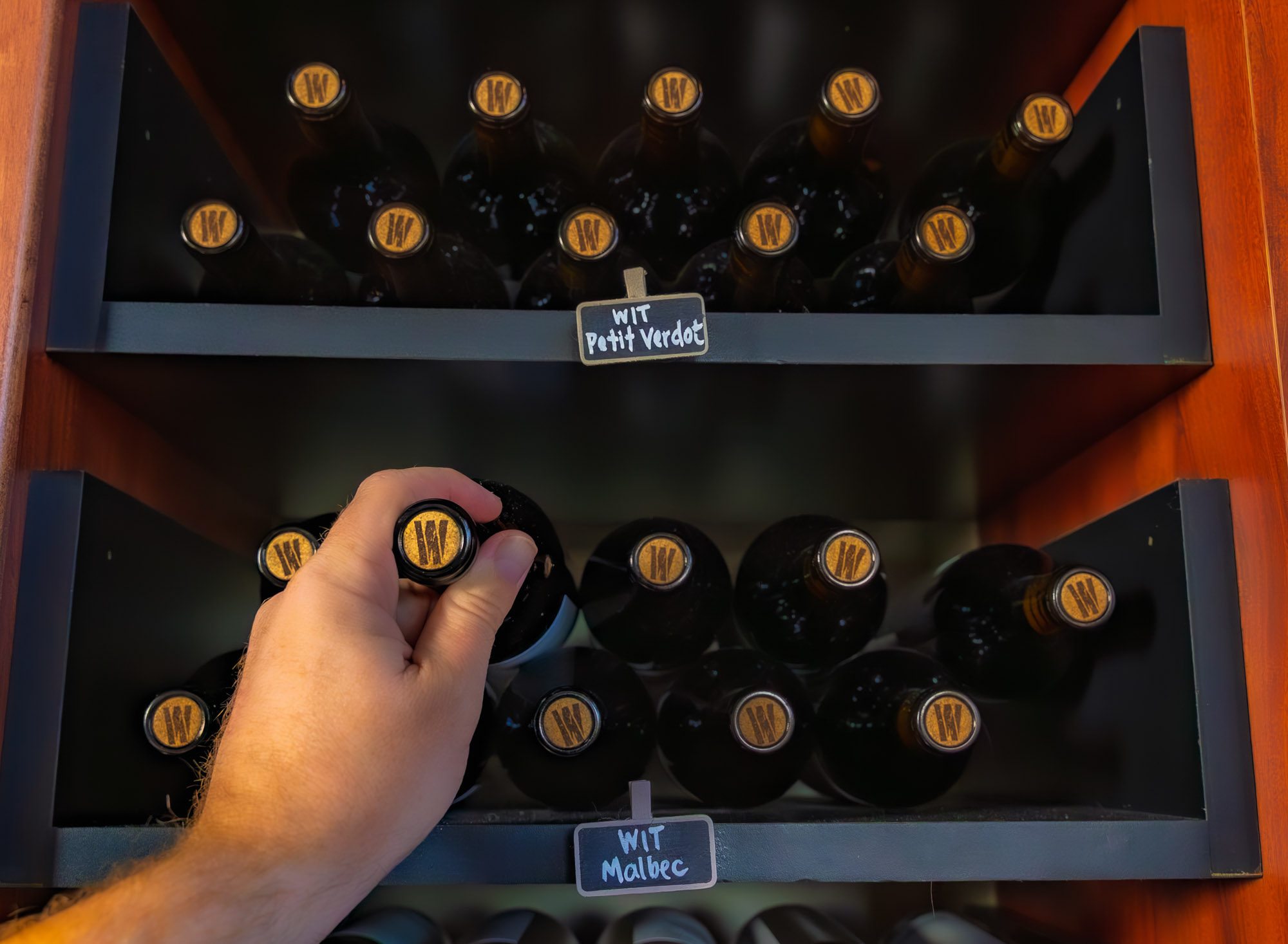WIT Cellars_Wine Club Images-01117 Hand selecting wine bottle from shelf display.