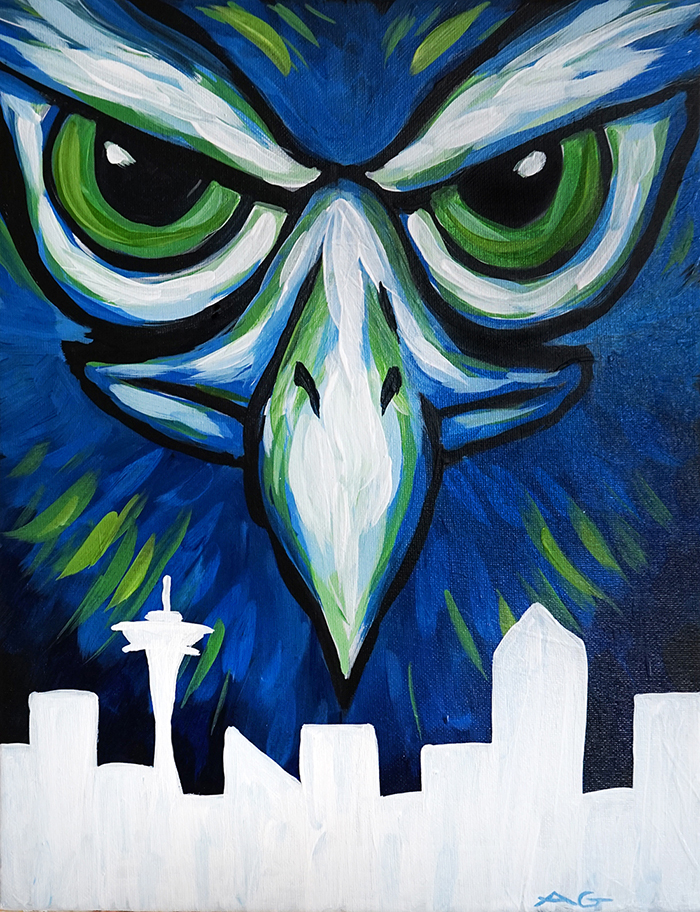 Fierce owl above Seattle skyline painting