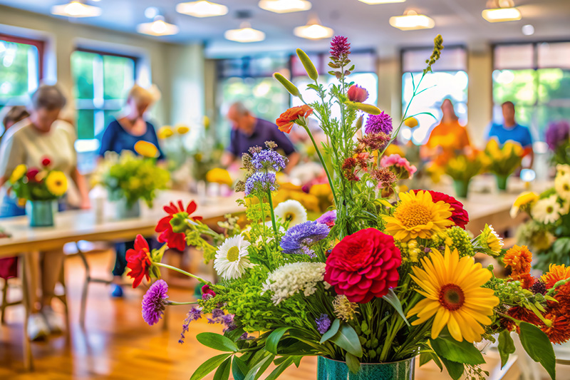 Colorful flower arrangement workshop with participants.