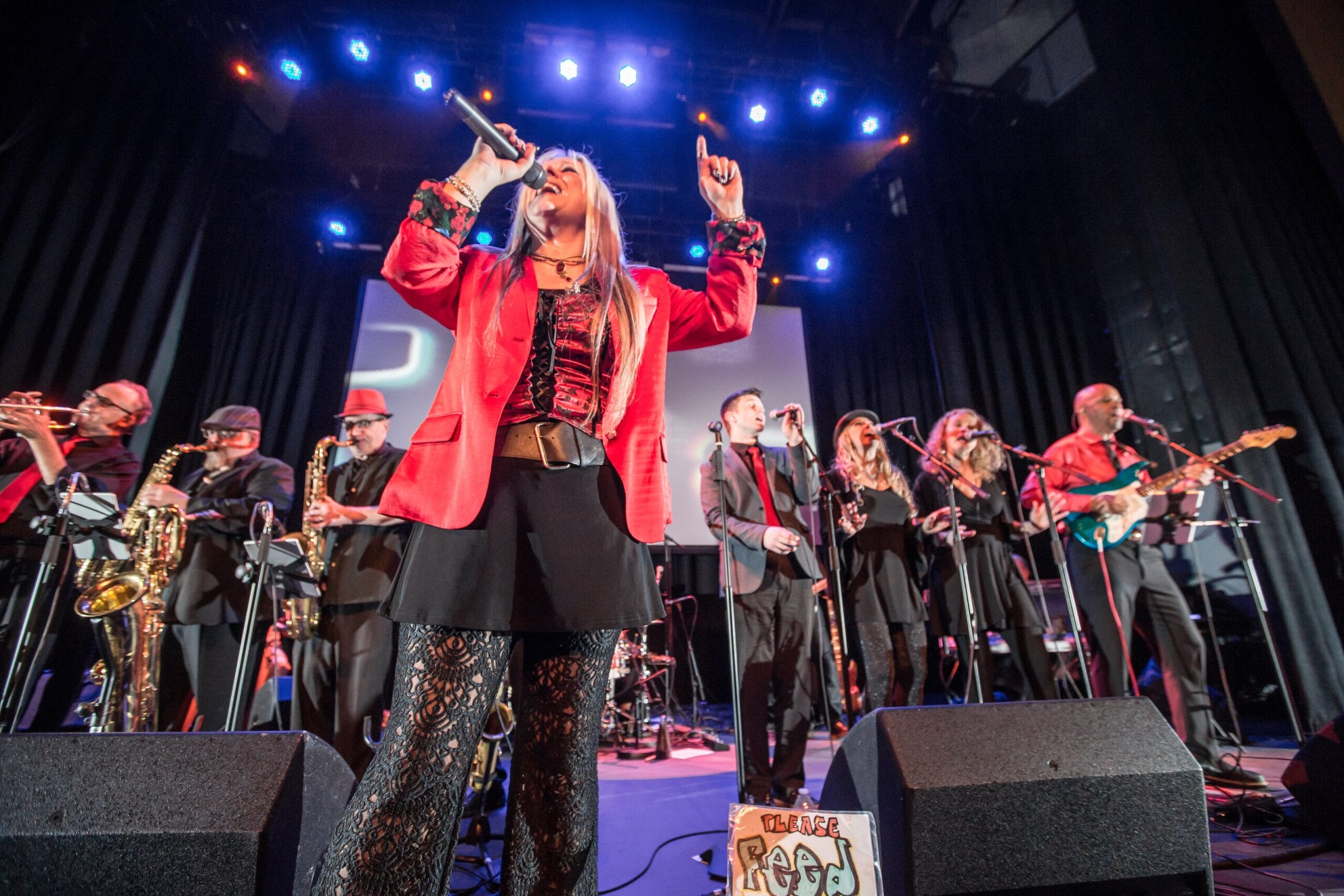 Band performing lively concert on stage.