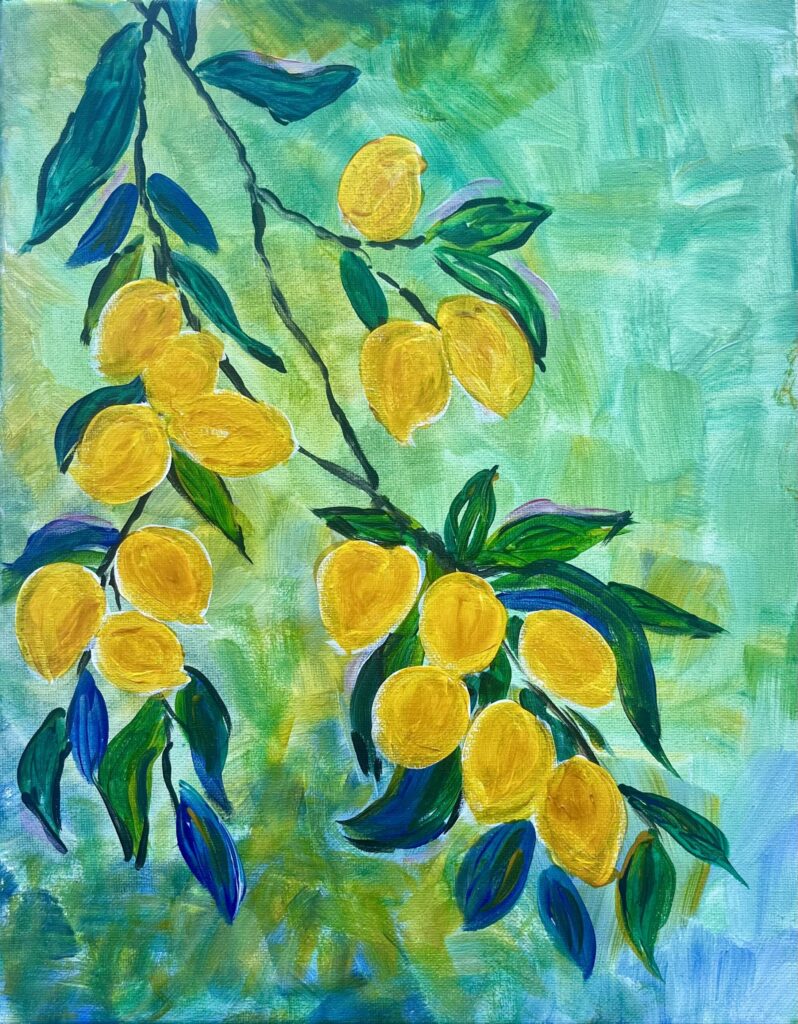 Colorful painting of lemons on branches