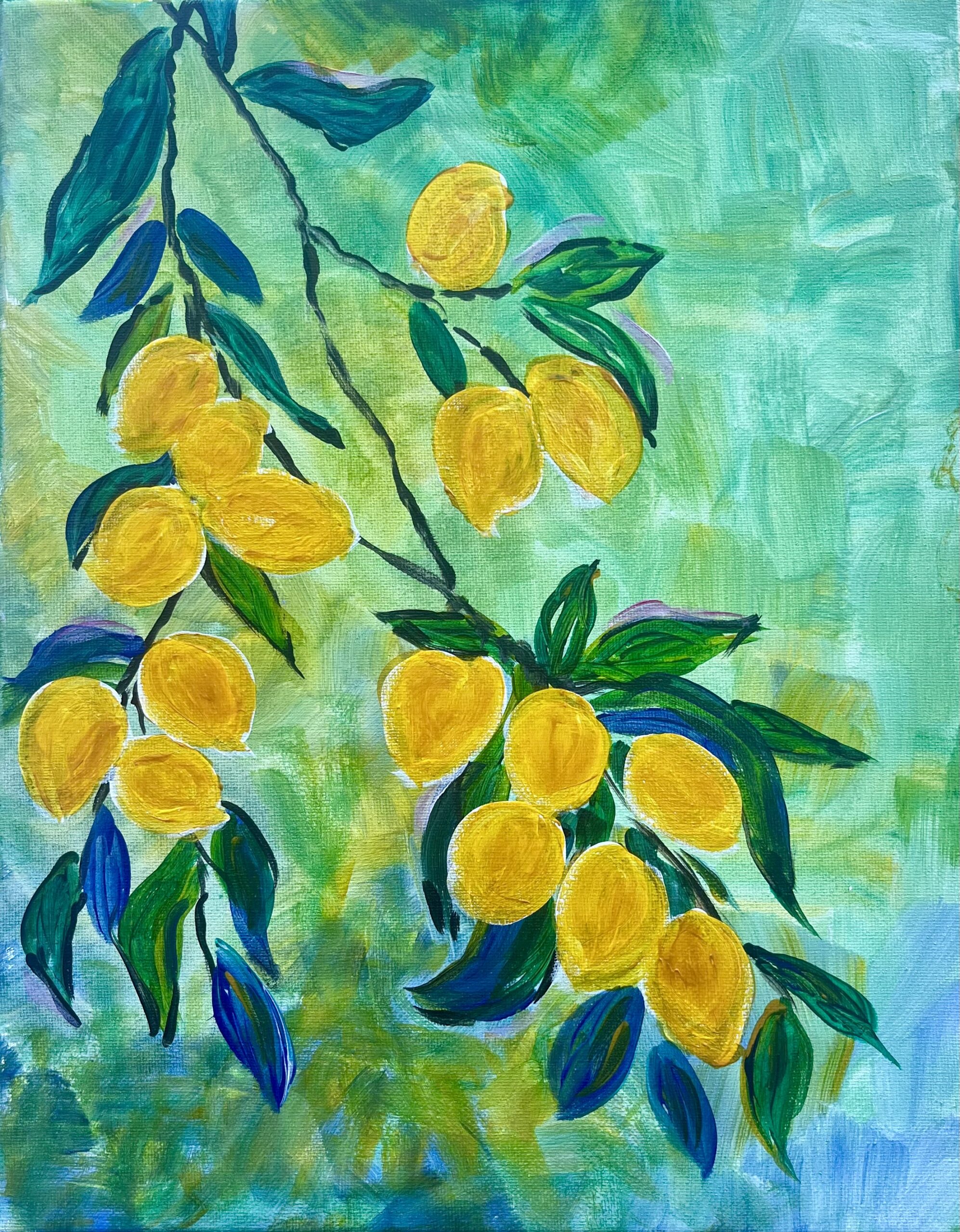 Colorful painting of lemons on branches