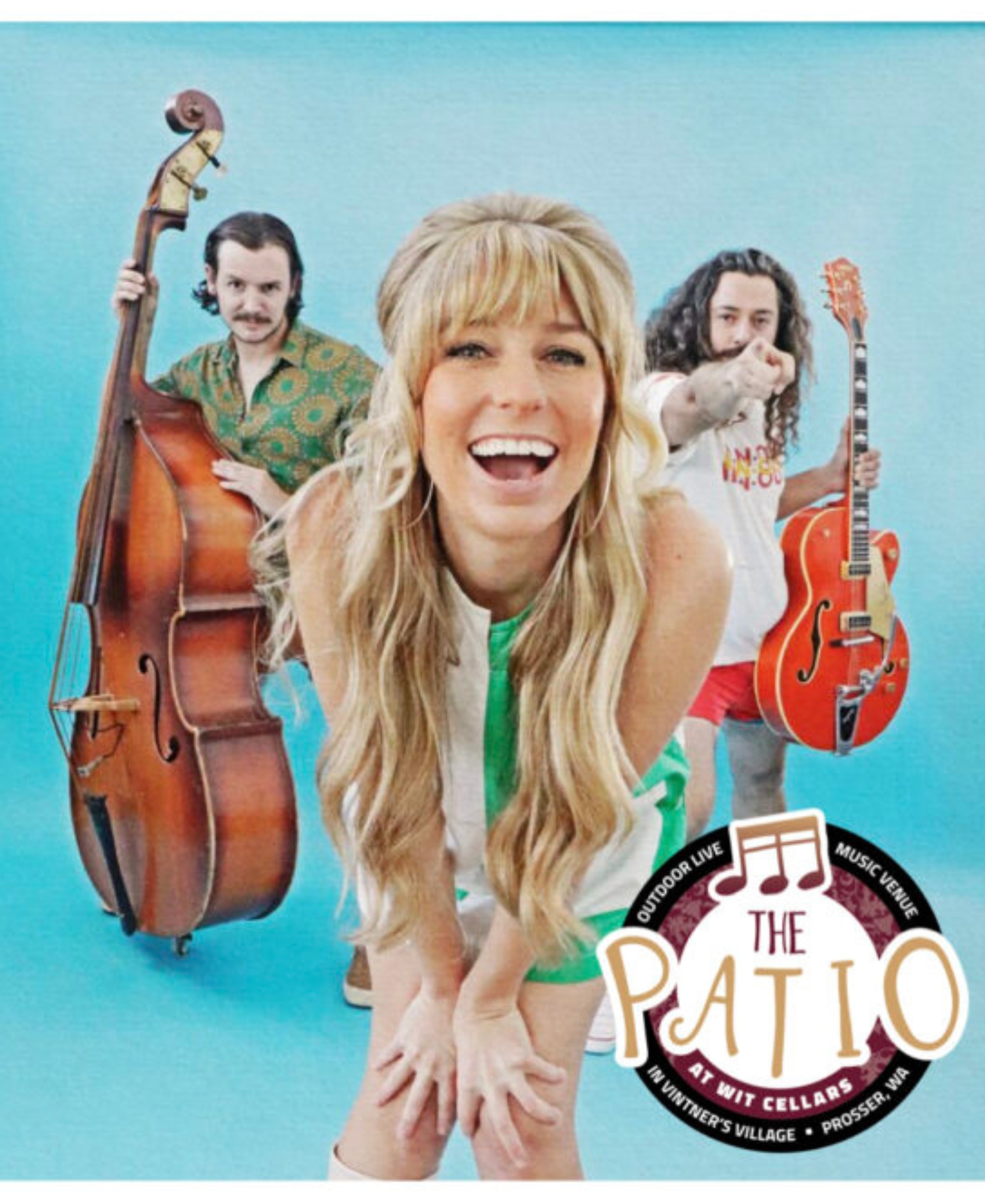 Three musicians posing with bass and guitar