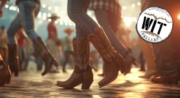 People line dancing in cowboy boots.