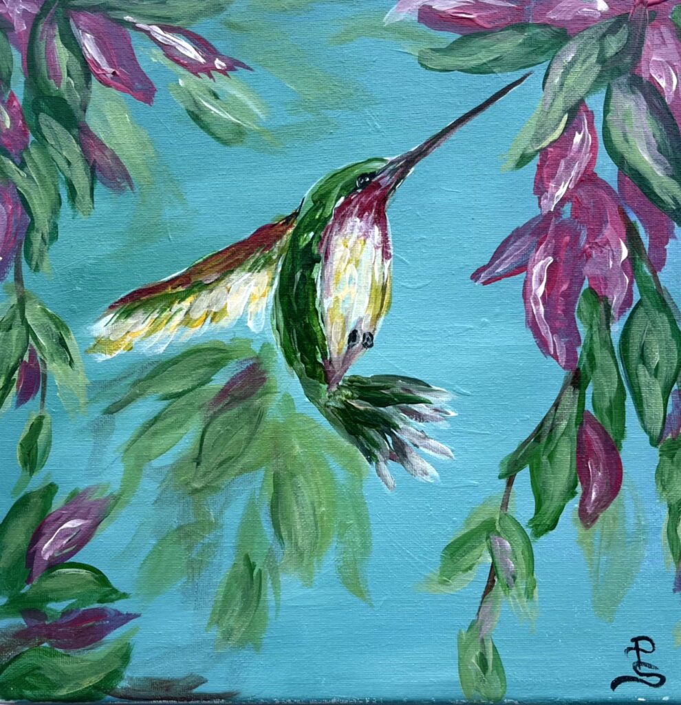 Painting of hummingbird hovering by pink flowers