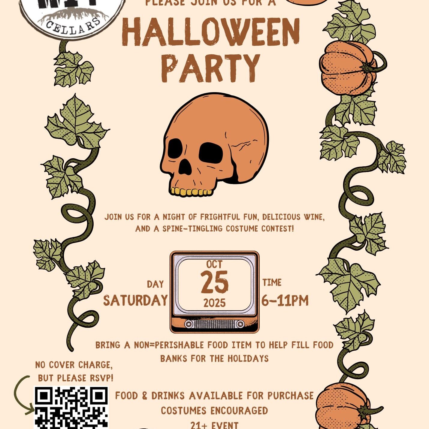 Halloween party invitation with skull and pumpkins