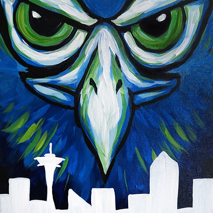 Fierce owl above Seattle skyline painting