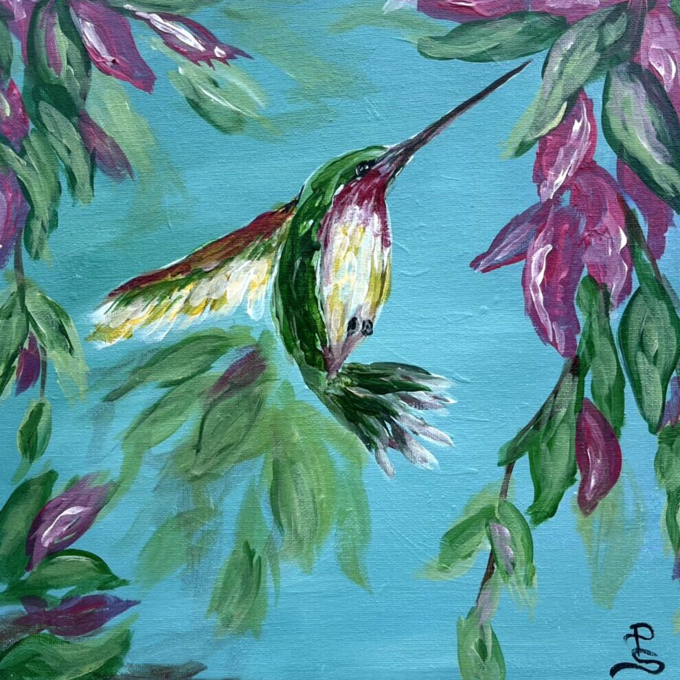 Painting of hummingbird hovering by pink flowers