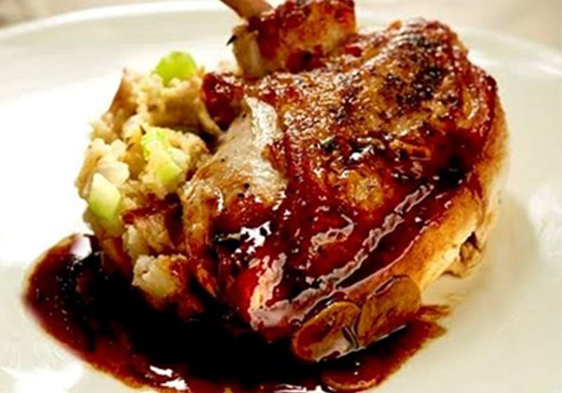 Roast duck with sauce and stuffing on plate.