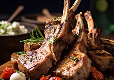 Grilled lamb chops with tomatoes and herbs on board.