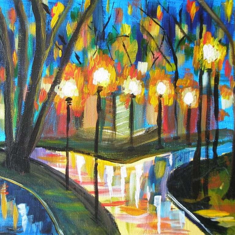 Colorful abstract park scene with trees and lamps